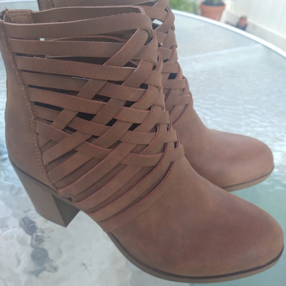 Woven Strap Ankle Booties in Brown